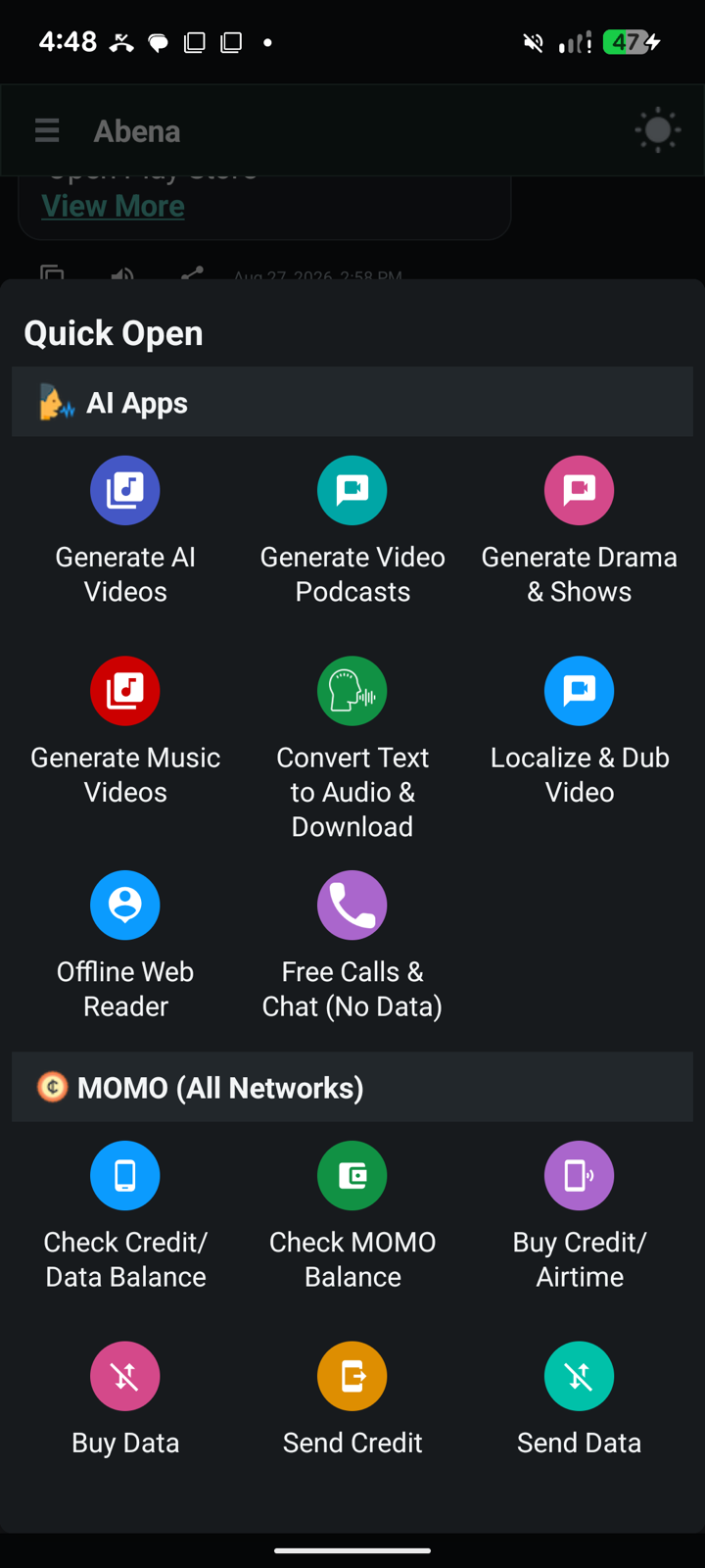 Abena AI Quick Open menu for video, audio, voice, and mobile money tools